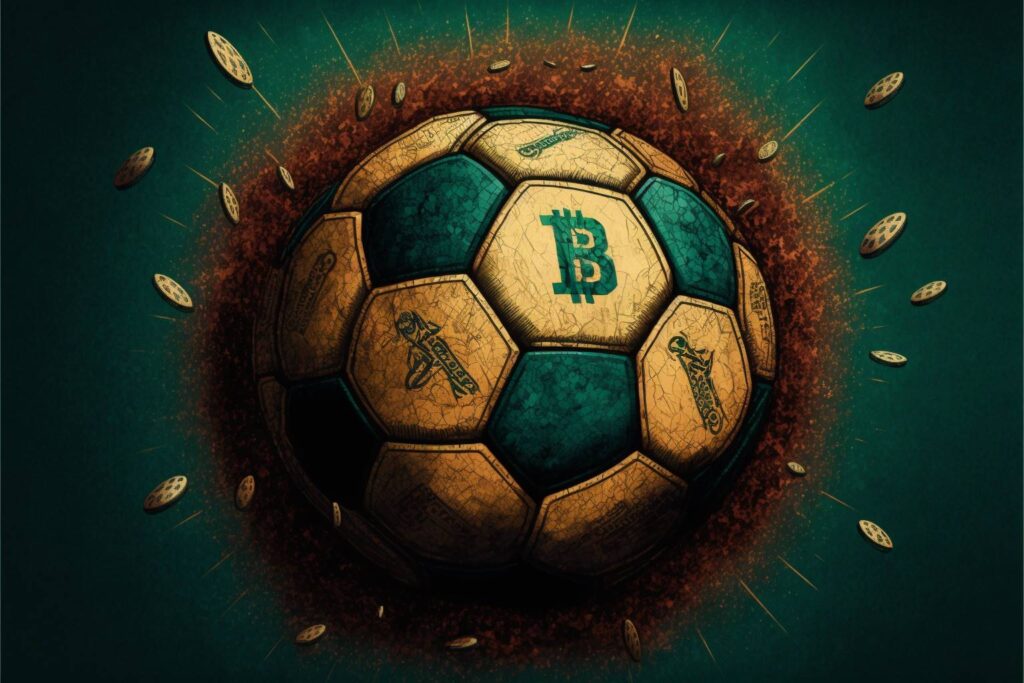 Uma bola de futebol com um carimbo Bitcoin